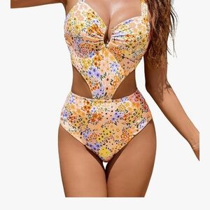 Floral Kids One Piece Swimsuit - Orange and Blue